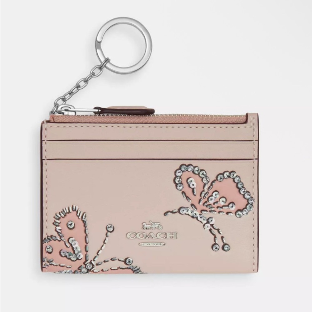 Coach Pink Butterfly Embellished Card Case Keychain